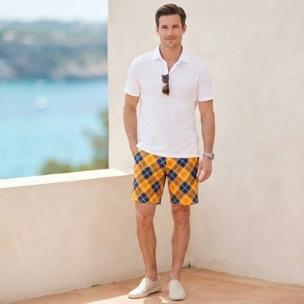 Loudmouth Golf Shorts Mens 34 Orange Blue Plaid Argyle Preppy Country Club